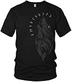 North - Fenriswolf - Wikinger Walhalla Runen Wolf - Vikings Valhalla Fenrir - Wodan Rune - Herren T-Shirt Geschenk für Männer, Größe:M, Farbe:Schwarz/B