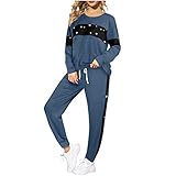 Damen Freizeitanzug Rundhals Farbblock Sportswear Sportanzug Traingsanzug Jogginganzug Bequemer Freizeitanzug Sweatshirt mit Batikdruck Locker Lässig Schlafanzüge für Frauen(Blau,L)