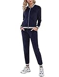 Doaraha Damen Trainingsanzüge Velours Jogginganzug Bequemer Pyjama Rippkragen Loungeanzug Stehkragen Zipjacke+Hose mit Kordelzug und Taschen für Frühling Herbst Winter， Navyblau， M