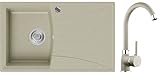 Spülbecken Beige 77 x 47 cm, Granitspüle + Küchenarmatur + Siphon Automatisch, Küchenspüle ab 45er Unterschrank in 5 Farben mit Armatur Varianten, Einbauspüle von Primag