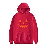 Damen Halloween Hoodie, KüRbis Print Patchwork Kordelzug Rundhalsausschnitt Sweatshirt Mit Fronttasche Loses Casual Sweatshirt (XXL,Rot 1)