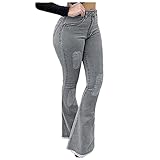 Xmiral Klassische Schlaghose Damen Einfarbigem Stretch-Denim Hosen Mit Taschen Und Rohe Kanten (Grau, S)