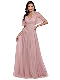 Ever-Pretty Damen Tief V-Ausschnitt Kurzarm Bodenlang A-Linie Empire Taille Elegante Glitzer Tüll Cocktailkleider Rosa 46EU