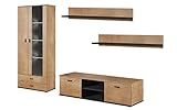 Wohnwand SOHO 10 mit Weißer LED Beleuchtung, Anbauwand, Wohnzimmerschrank, Schrankwand, Vitrine, Lowboard, Hängeregal (Lefkas Eiche/Schwarz)