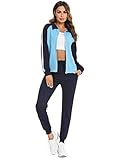 Doaraha Damen Trainingsanzüge Elegant Jogginganzug Streifen Sportanzug Mode Outfit Hausanzug Tracksuit Trainingjacke+Freizeithose für Sport und Freizeit, Marine-Hellblau, S