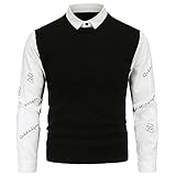 Julhold Herren Pullover Langarm Britisches Schmales Gestreiftes Hemd Gefälschter Zweiteiliger Pullover Herbst und Winter Freizeit Top(05 Weiß,L)