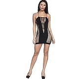 YUHOOE Sexy Fischnetz Dessous Teddy Body Mesh Gestreift Aushöhlen Loch Babydoll Plus Size Durchsichtig Pack Hüftrock Kleid Splice Chemise Nachtwäsche,Schwarz,M(50,70Kg)