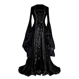 Kleid Damen Mittelalter Renaissance Kleider Gebunden Taille Vorderseite Kreuzung Bandage Kleider Weich Stoff Abendkleid Mit Große Kapuzen Cocktailkleid Damen Rücken Schleife Abendkleid Lang(Schwarz)