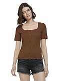 TOM TAILOR Denim Damen 1026035 RIPP T-Shirt mit Knopfleiste, 26680-Amber Brown, M