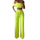 Ansenesna Damen Kleidung Set Schulterfrei Crop Shirt und Hose High Waist Weites Bein Gerade Outfit (Gelb,S)