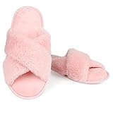 LARGERED Hausschuhe Damen Plüsch Pantoffeln Wärme Offene Zehe Bequeme Flauschig Flache Slippers Kuschelig rutschfeste für Frauen,Rosa Gr.40/41