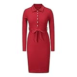 BDCUYAHSKL Herbst Und Winter Damenmode Casual V-Ausschnitt Einfarbig Bandage Taille Knopf Gerippte Langarm-Boden Gestricktes DüNnes Mittellanges Kleid D