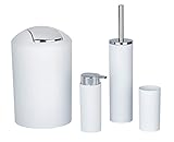 WENKO Badezimmer-Toiletten-Set Calvo 4-teilig mit Seifenspender Zahnputzbecher WC-Bürste und Eimer Weiß mit Chrom D