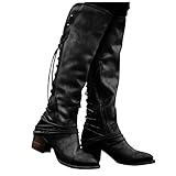 Hotberry Damen Hohe Stiefel Klassische Retro Overknee-Stiefel mit Dicken Absätzen Schnürstiefeln Einfarbige Stiefel Bequeme Western Cowboystiefel rutschfest Schneestiefel Reitstiefel für F