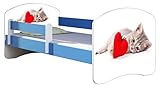 ACMA Kinderbett Jugendbett mit Einer Schublade und Matratze Blau mit Rausfallschutz Lattenrost II 140x70 160x80 180x80 (40 Katze mit Herz, 140x70)