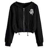 Damen Hoodie Gedruckt Patchwork Sweatshirt Langarm Crop Tops Bluse Kapuzenpullover Gothic Casual Lose Frauen Bauchfreie Kapuzenpulli Sportoberteile Streetwear Mode Kurz Sweatjacke Zip Kapuzenjack