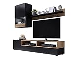 Mirjan24 Wohnwand Pat, Wohnmöbel, Wohnzimmer-Set, Elegante, Wohnzimmer Kollektion, Stilvolles TV-Lowboard, Vitrine, Wandregal (Schwarz/Lefkas Eiche, mit weißer LED Beleuchtung)
