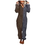 L9WEI Damen Jumpsuit Fleece Einteiler Overall Anzug Flauschig Jumpsuit Spleißen Loungewear Flauschig und Kuschelig Weich Warm Einteiler Ganzkörperanzug Casual Lose O