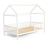 Alcube Hausbett 160x80 cm - 3 bis 9 Jahren - vielseitiges Holz Kinderbett für Jungen & Mädchen - Massivholz Kinder Bett mit Rausfallschutz und Lattenrost 80x160 cm - Weiß