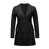 Herbst Und Winter Casual Fashion Damen V-Ausschnitt Einfarbig Langarm Slim-Fit Bundfaltenrock Lose Absicherung Kurzes A-Linien Kleid D