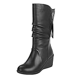 Damen Stiefeletten Chelsea Boots mit Blockabsatz Profilsohle Stiefel Frauen Mode Reine Farbe Runde Zehen Slip-Up Stiefel Keilabsätze Vintage (39,1Schwarz)