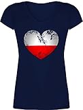 Fussball WM 2022 Fanartikel - Polen Vintage Herz - S - Dunkelblau - t-Shirt Polen Damen - XO1525 - Damen T-Shirt mit V