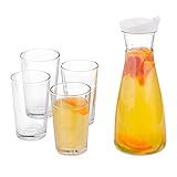 Relaxdays Wasserkaraffe Set mit Gläsern, 5-teiliges Set, 1 l, 220 ml, Karaffe mit Ausgießer, Wassergläser, transp