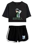 AMOMA Damen Mädchen Anime Attack on Titan Cosplay Kurze T-Shirt und Kurze Hose Zweiteiler Baumwolle Trainingsanzug(L,Green-Black-Black)