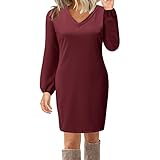 KIMODO Langarmkleid T-Shirt Minikleid Einfarbig V-Ausschnitt Oberteile Damen Freizeitkleider Langarm Shirts Top Casual Lose Lang Tee Kleider Einfarbig Tunika Bluse (A-Rot, XXL)