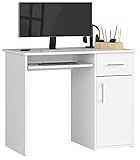 ADGO PIN Computertisch mit 1 Schublade und 1 Schrank 90x74x50 cm, Ausziehbare Tastaturablage, Bürotisch für Arbeit, Arbeitszimmer, Kinderzimmer, Schlichtes Design, Rechteckig, zum Lernen (Weiß)