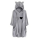 Notinzo Damen-Hoodies mit Katzenohren-Aufdruck, lässig, Übergröße, lose Taschen, Katzenohren-Pullover, B Grau, 48