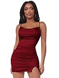 DIDK Damen Minikleid Bodycon Partykleid mit Schlitz Satin Figurbetontes Kleid Bleistift Sxy Kleider Spaghettiträger Sommerkleid Bordeaux L