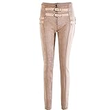 Yuntanu PU-Gürtel Design Faux Wildleder Leggings Hohe Taille Retro Elastisch Dehnbar Slim Frauen Bleistift Hosen, beige, S
