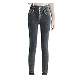 AFFGEQA Damen Thermohose Fleece Jeanshosen mit Hohem Bund Locker Warm Lässige Herbst Winter Dicke Stretch Denim Strumpfhosen Sweathose Streetw