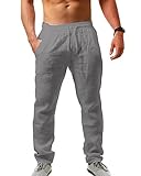 AUDATE Männer Hose Lang Baumwollhose Leinenhose Strandhose Leichte Sommerhose Grau XL