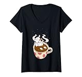 Damen Lustiger Weihnachts-Weihnachts-Marshmallow-Schneemann im Kaffee-Kakao T-Shirt mit V