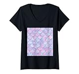 Damen Meerjungfrau Kostüm Fasching Halloween Bunte Schuppen Flosse T-Shirt mit V