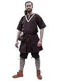 Battle-Merchant Mittelalter Tunika Ailrik mit Bordüre Herren | Kurzarm Wikinger Hemd | Krieger Verkleidung für Karneval| Diverse Farben S-XXL (Braun, XL)