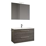 MaMa Store ERA 80-Hängeschrank 80 cm LARICE Waschbecken, Spiegel und LED-Lampe, L 81 x T 47 x H 53 cm, Lärche grau,