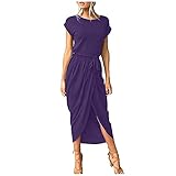 S-UN Damen Langes Kleid T-Shirt Kleid Rundem Hals Kurzarm Maxikleid Einfarbig Geteilte Gabel Cocktailkleid Arbeitskleidung ÜBergrößE Freizeitkleid mit B