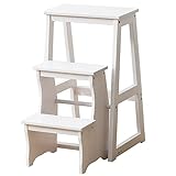 FGHUF Klappbarer Leiterstuhl, Trittleiter Tritthocker 3 Stufen Klappbar, Hockerleiter Multifunktionaler Trittstuhl Haushaltsleiter Kiefernholz Für Kinder Erwachsene, Belastbar 120kg