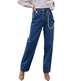 ileibmaoz Jeanshosen Pantalon Trendige Damen Einfarbige Jeans Lässige High Waisted Straight-Leg Denim Pants Mit Abnehmbarer Kettentasche S Schw