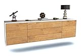 TV Schrank Lowboard hängend - Salzgitter - Korpus Weiss matt - Front Holz Design Eiche- (180x49x35cm) - Push to Open Technik & hochwertigen Leichtlaufschienen - Made in Germany