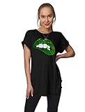 Hamishkane Damen T-Shirt mit Glitzer-Lippen, für Ehefrau, Mutter, Boss, Kurvensaum, Umschlag, Flügelärmel, Green Lips Schwarz, 42/44/Große Größ