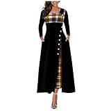 GFGHH Damen Kleid Lange Langes Ärmel Bedruckte Basic Herbst Winter Schlankes Kleid Freizeit Langarm Maxi Bohemian Kleid Lässiges Lose Rundhals Kariertes Kleid A-Linie Sw