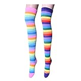 Sockfun Oberschenkelhohe Socken über dem Knie Socken gestreifte Kniestrümpfe für Frauen Teenager Mädchen, 2 Paar Regenbogen gestreift, M
