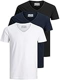 Jack and Jones Herren T-Shirt Basic V-Ausschnitt 3er Pack Einfarbig Slim Fit in Weiß Schwarz Blau G