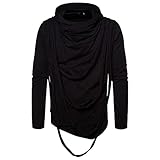 T-Shirt Herren Mit Kapuze Langarm Jugend Lose Einfarbig Irregulär Design Herren Shirt Frühling Herbst Trend Mode Hip-Hop-Stil Hoher Kragen Männer Pullover A-Black M