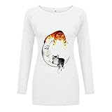 Damen Winter Druck Grafik Shirt LangäRmliges Bluse Mit Modischem Katzen Print LäSsige Lockere Baumwoll-T-Shirts Mit Rundhalsausschnitt (M,Weiß)