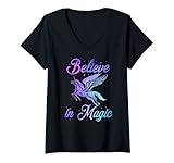 Damen Einhorn Pegasus Pferde-Liebhaber Glauben an Magie Frauen Teenager Mädchen T-Shirt mit V